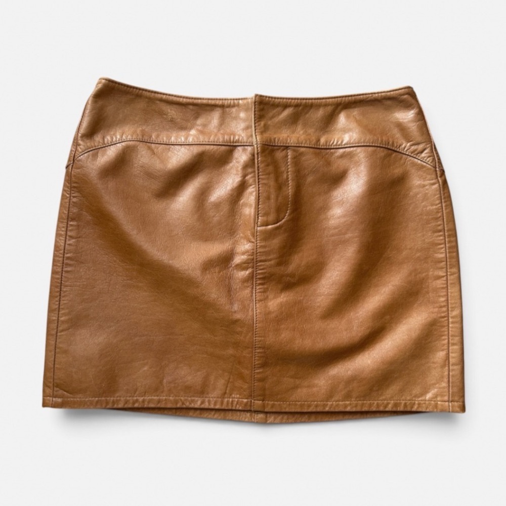 Gap Vintage Y2K 90s Womens Cognac Brown Genuine Leather Mini Skirt Moto Size 4